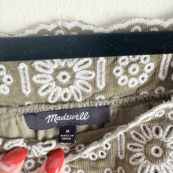 Madewell Green + White Embroidered Corduroy Square Neck Boho Mini Dress - Medium - Picture 5 of 11